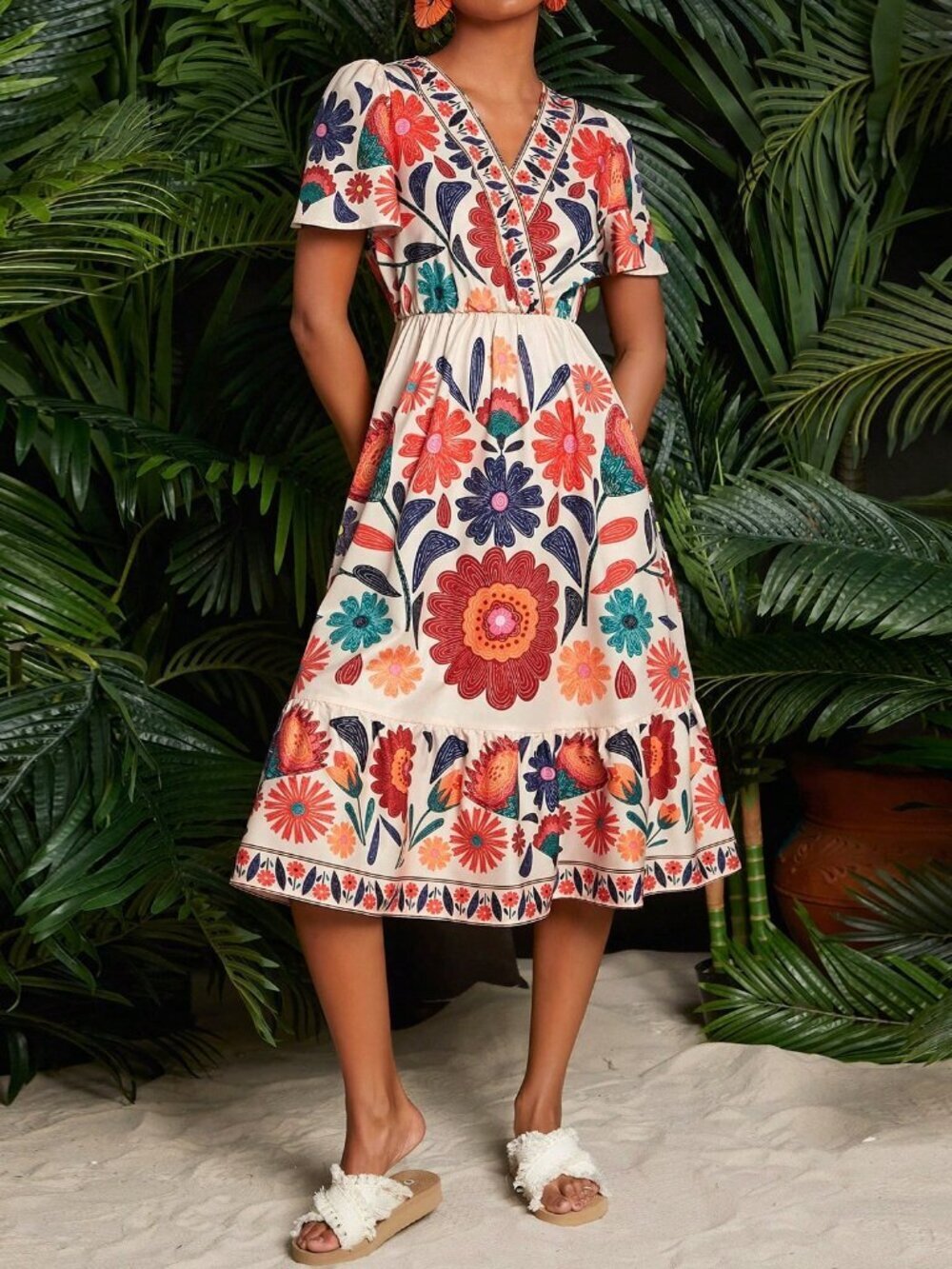 Multicolor Boho Women's Floral Print Butterfly Sleeve midi Dress - Picture 4 of 6